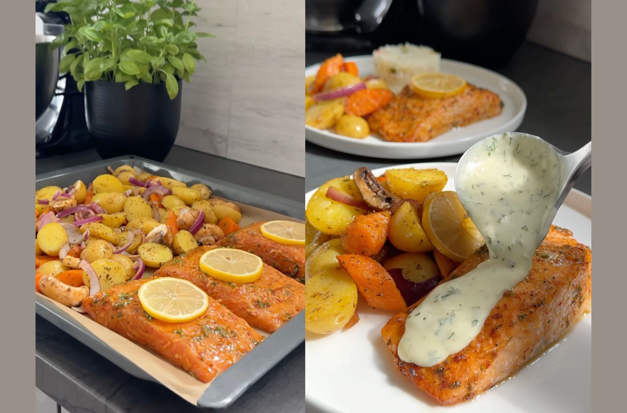 Σολομός με πατάτες, μανιτάρια, κρεμμύδι και καρότο