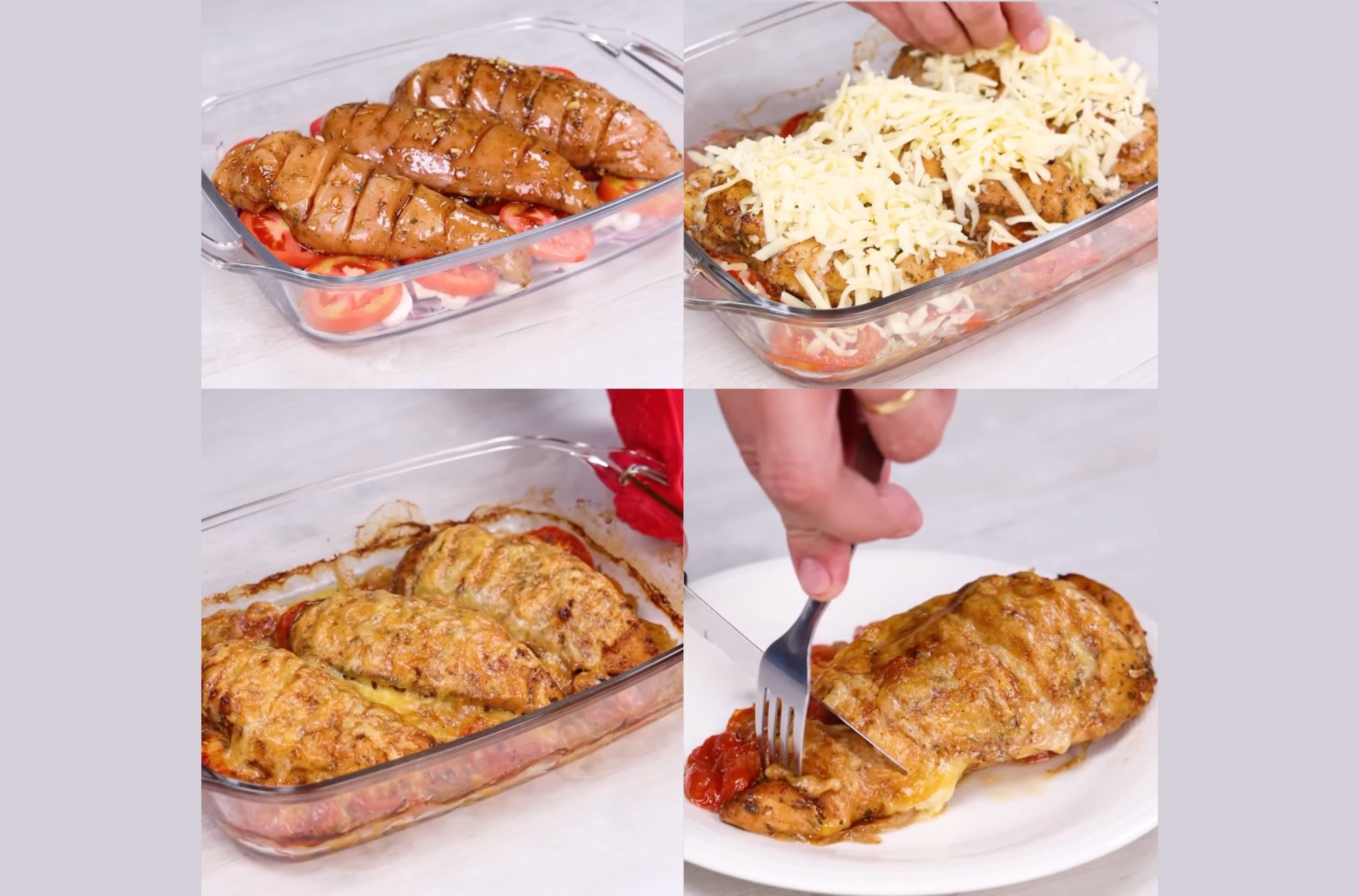 Τέσσερις εικόνες με την προετοιμασία του πιάτου με στήθος κοτόπουλο, μανιτάρια και τριμμένο τυρί, σε πυρέξ