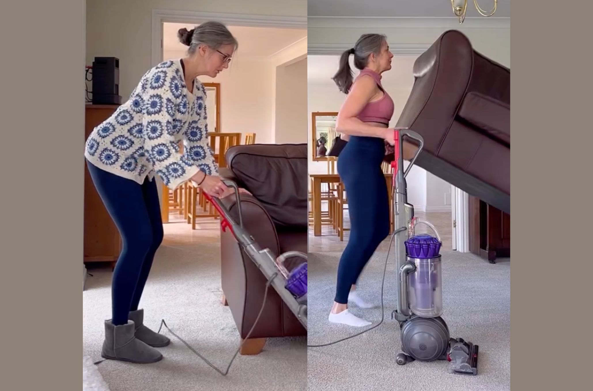 Γυναίκα σκουπίζει στο σπίτι και σηκώνει καναπέ