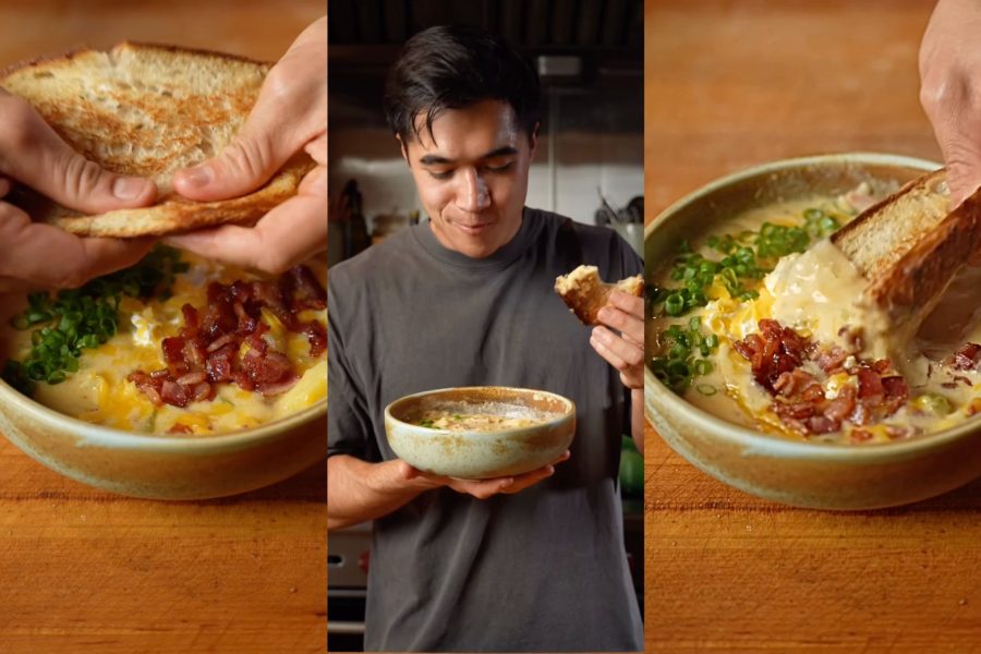 Άντρας δοκιμάζει σούπα μέσα σε μπολ, με ψωμί