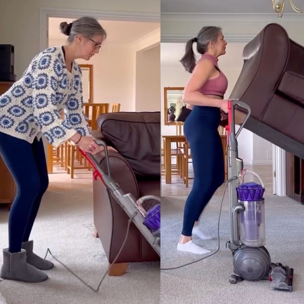 Γυναίκα σκουπίζει στο σπίτι και σηκώνει καναπέ