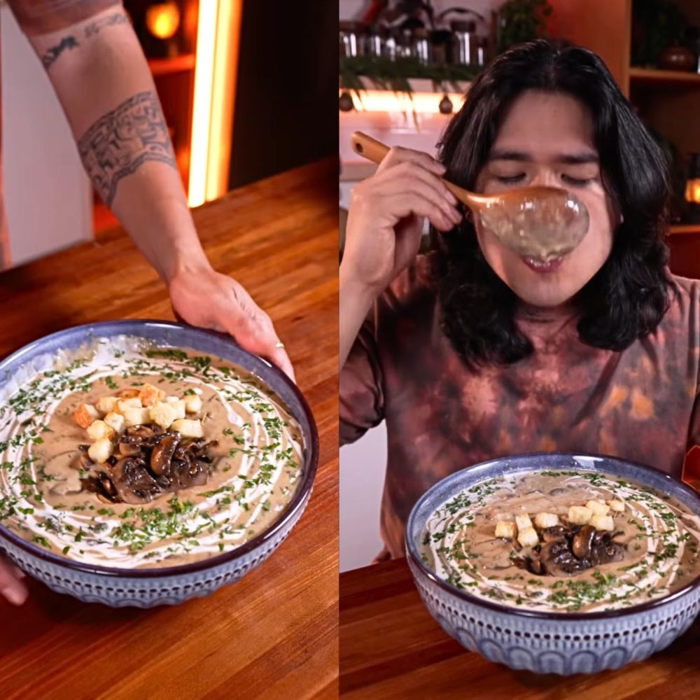 Σούπα μέσα σε μπολ και άνθρωπος που τρώει με την ξύλινη κουτάλα