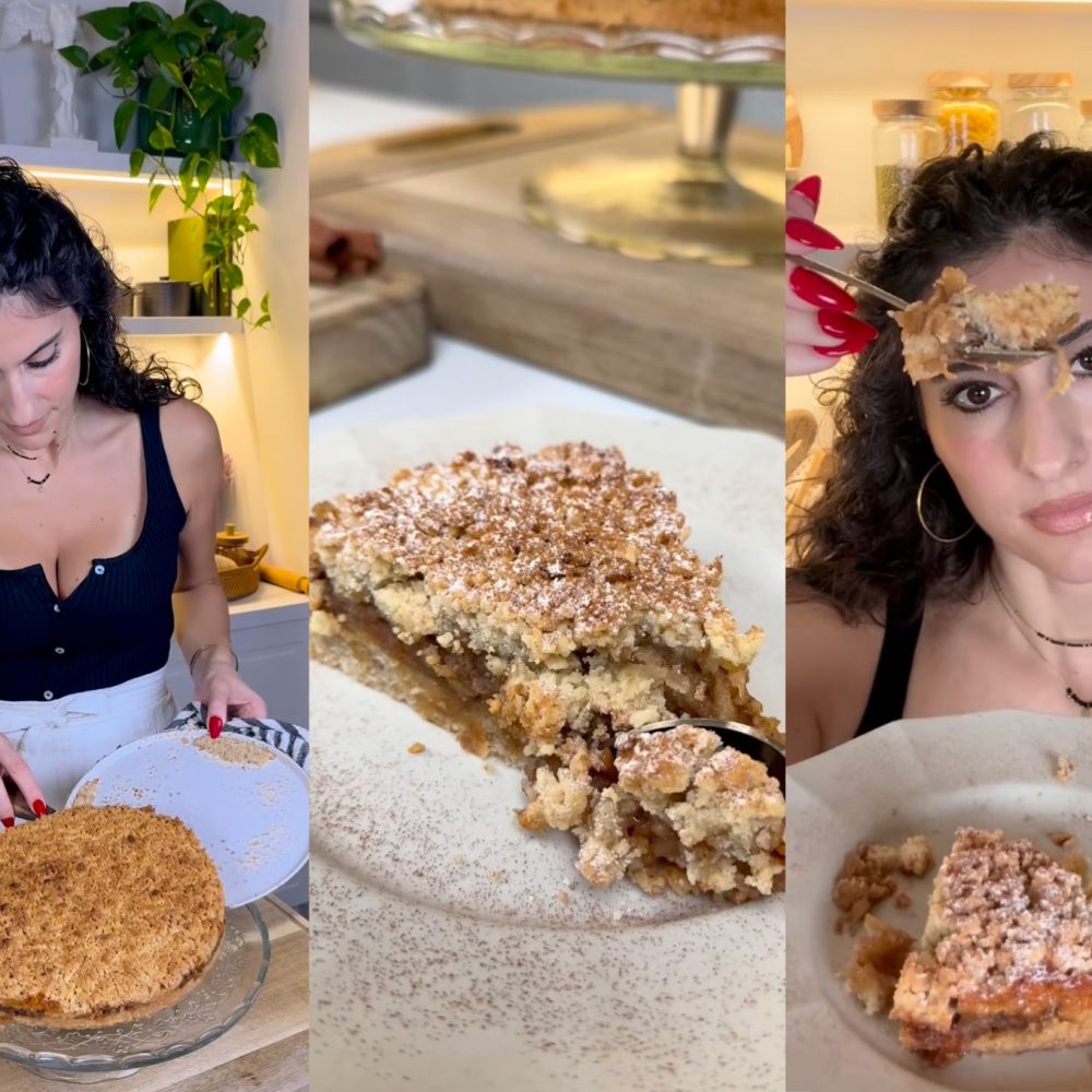 Γυναίκα φτιάχνει και τρώει μηλόπιτα